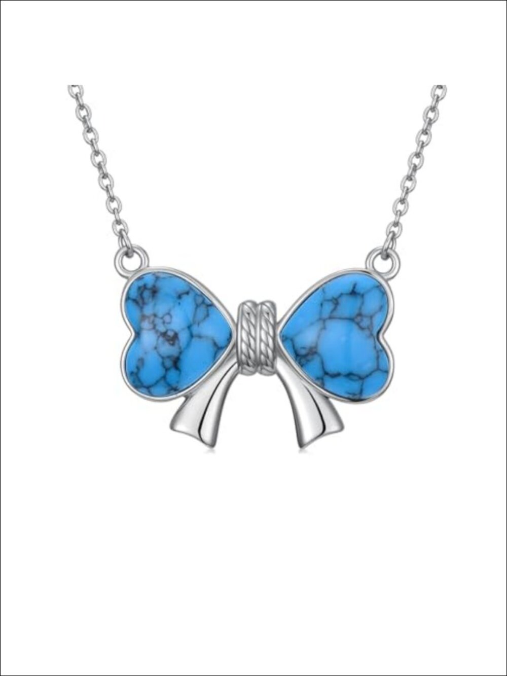 925 Sterling Silver Turquoise Bow Pendant Necklace 18+2in Adjustable Chain